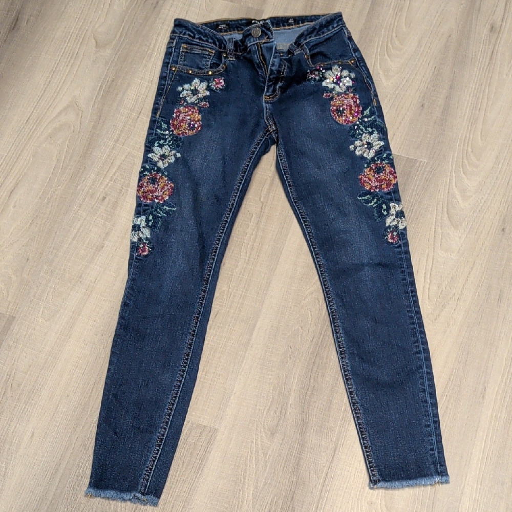 Miss Me Dark Blue Floral Embroidered Skinny Jeans